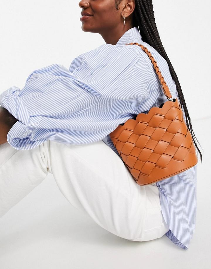 Truffle Collection Small Woven Detail Bucket Bag In Tan-brown