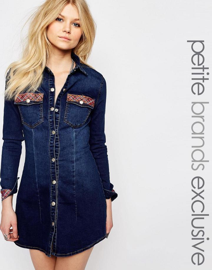 Liquor & Poker Petite Mini Denim Shirt Dress With Embroidered Hem - Blue