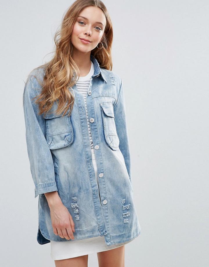 Qed London Denim Shirt Jacket - Blue