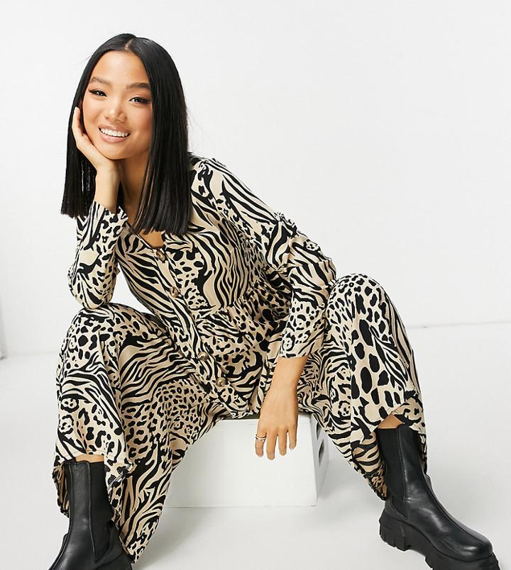 Asos Design Petite Button Front Relaxed Jumpsuit In Animal Print-multi