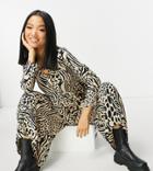 Asos Design Petite Button Front Relaxed Jumpsuit In Animal Print-multi