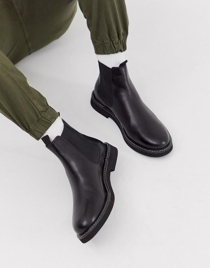 Asos Design Chelsea Boots In Black Leather With Chunky Sole