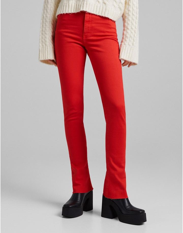 Bershka Raw Hem Straight Leg Jeans In Bright Red
