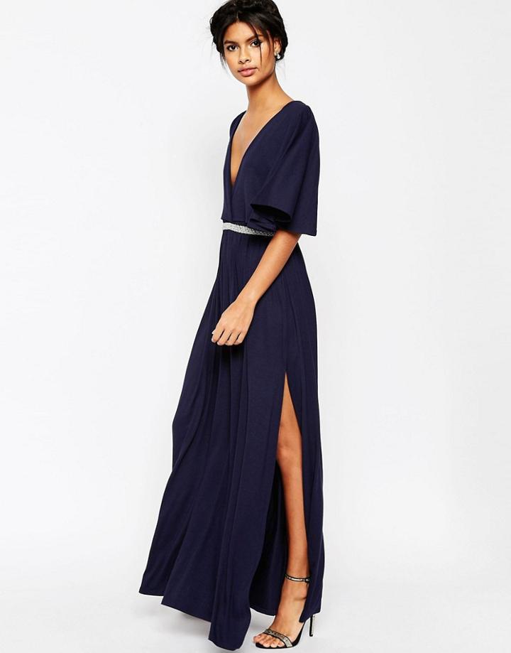 Asos Embellished Trim Maxi Dress - Navy