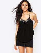 Daisy Street Cami Top With Botton Front And Metallic Trim - Black