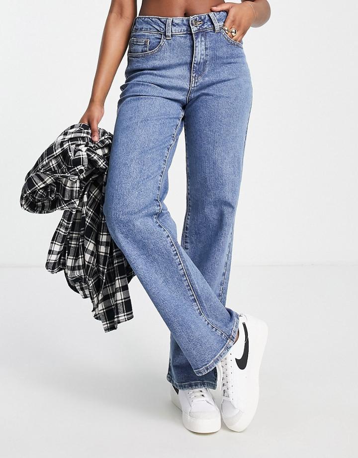 Object Cotton Wide Leg Dad Jeans In Mid Blue Wash - Mblue