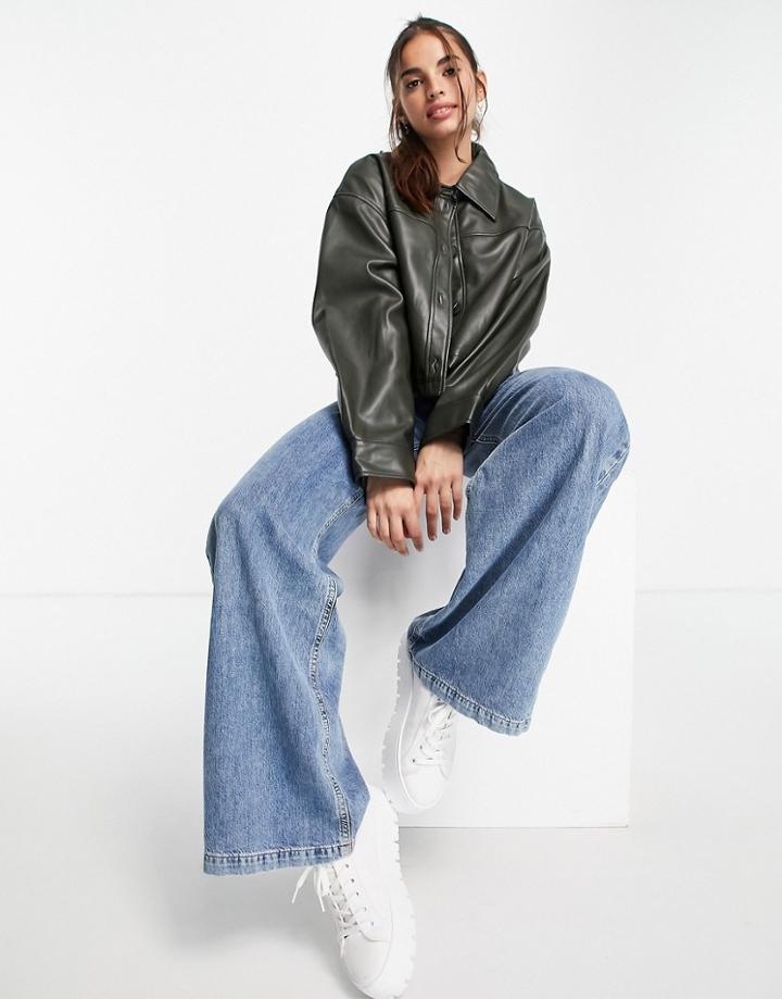 Asos Design Cropped Faux Leather Jacket In Khaki-neutral