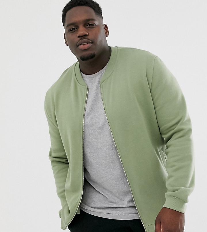 Asos Design Plus Jersey Bomber Jacket In Khaki - Green