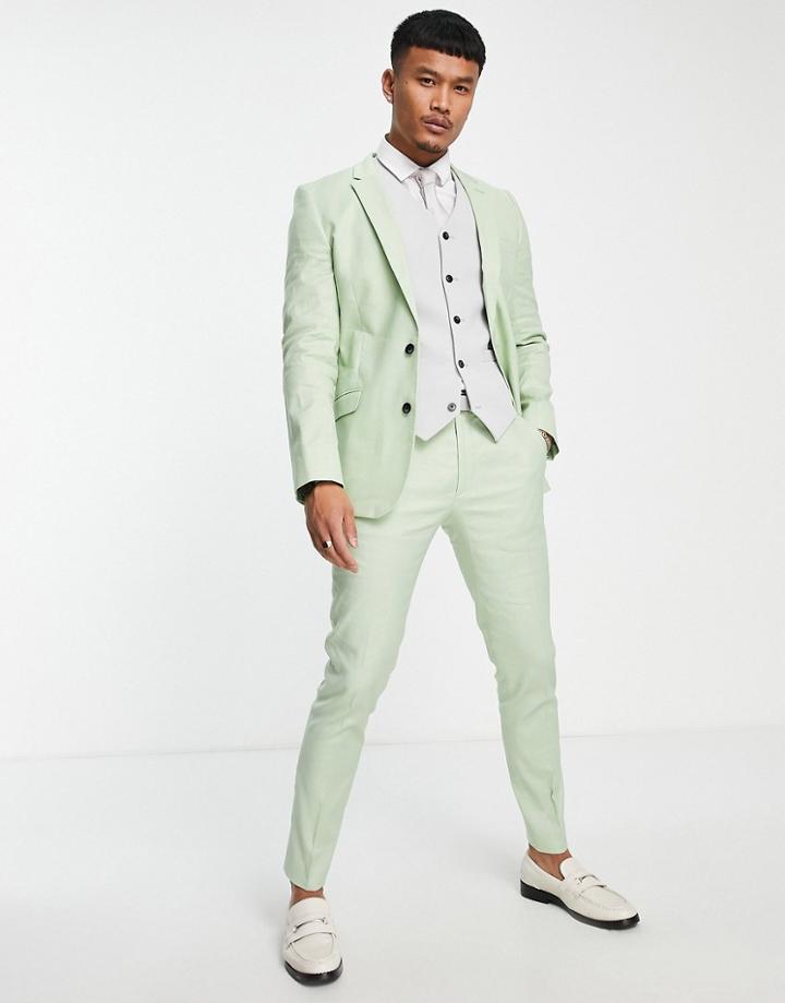 Asos Design Super Skinny Linen Mix Suit Pants In Sage Green