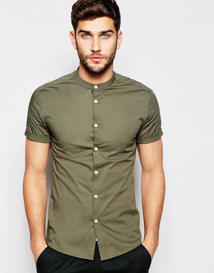 Asos Skinny Shirt In Khaki With Grandad Collar And Short Sleeves - Khaki