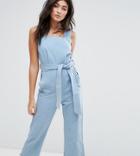 Liquor N Poker Wide Leg Raw Hem Overall With Tie Waist - Blue