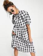 Asos Design Gingham Midi Smock Dress With Puff Sleeve And Open Back-multi
