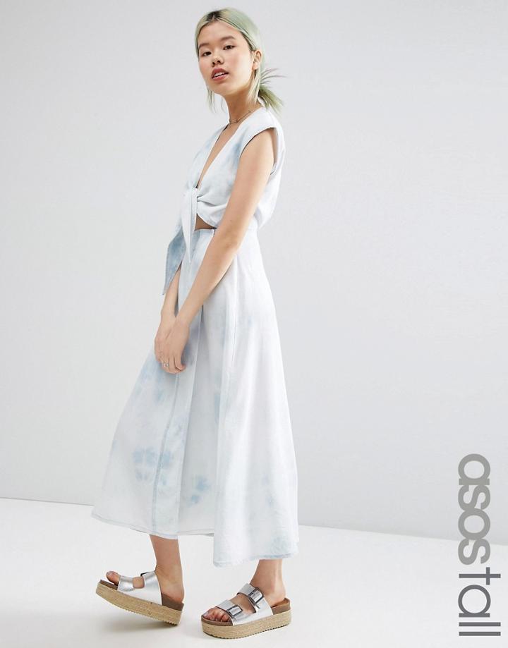 Asos Tall Denim Look Wrap Midi Dress In Tie Dye - Blue