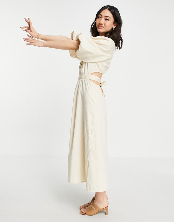 Pretty Lavish Organic Cotton Cut Out Waist Midi Dress In Beige-neutral