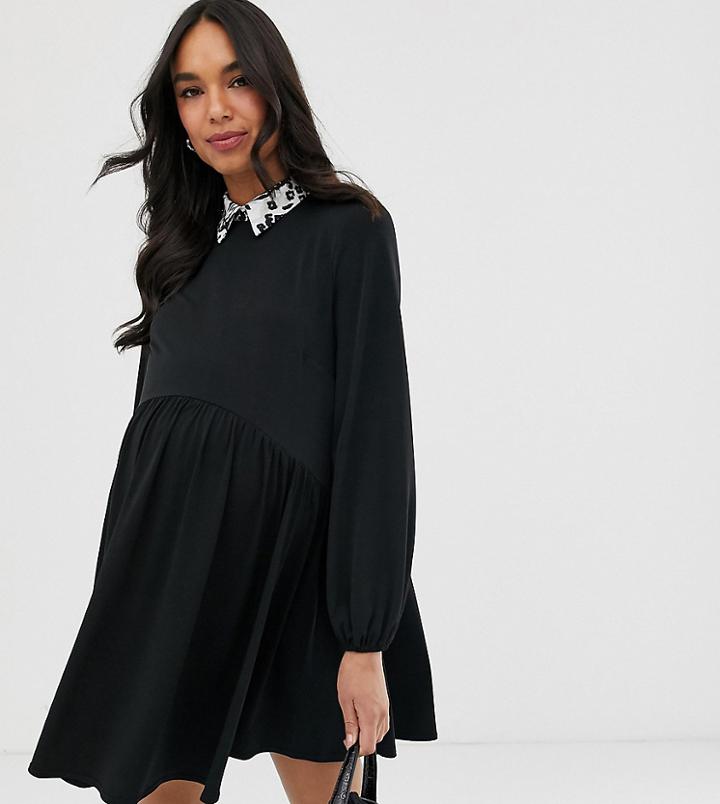 Asos Design Maternity Mini Smock Dress With Leopard Collar-black