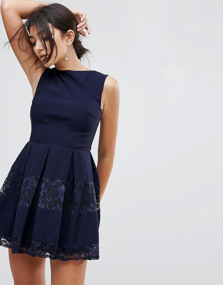City Goddess Skater Dress With Lace Inserts - Navy