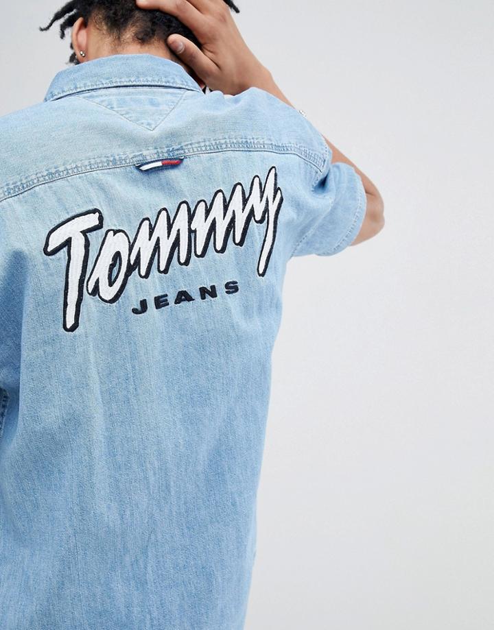 Tommy Jeans Summer Capsule Denim Short Sleeve Oversized Shirt Back Embroidered Logo In Mid Wash - Blue