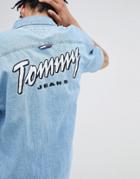 Tommy Jeans Summer Capsule Denim Short Sleeve Oversized Shirt Back Embroidered Logo In Mid Wash - Blue