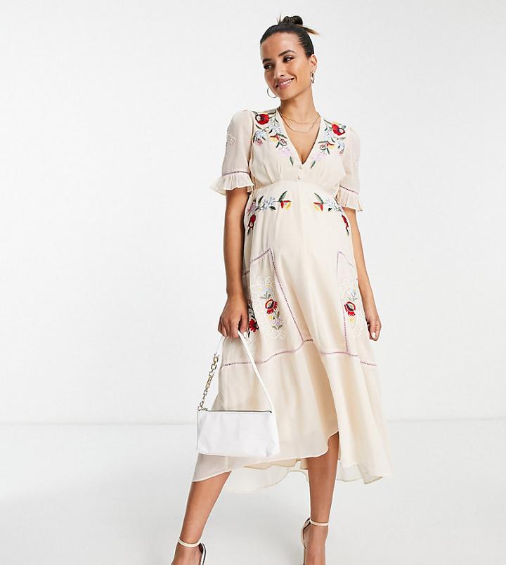 Hope & Ivy Maternity Embroidered Tea Midaxi Dress In Cream Floral-pink