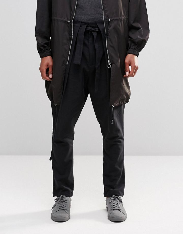 Asos High Waisted Wide Leg Pants With Paper Bag Waist In Linen Mix In Black - Black