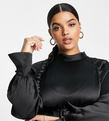 Pretty Lavish Curve High Neck Volume Sleeve Blouse In Black - Part Of A Set
