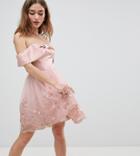 Chi Chi London Petite Off Shoulder Midi Dress With Bow Front And Premium Lace Detail - Pink