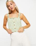 Only Top With Shirring And Button Detail In Green Floral Print-blues
