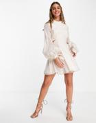 Asos Design Voile Mini Dress With Blouson Sleeve And Cuff Tie Detail-neutral