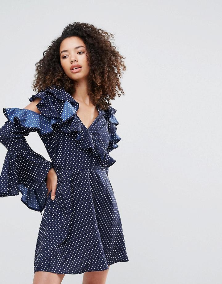 Influence Polka Dot Cold Shoulder Dress With Ruffle Sleeves - Navy