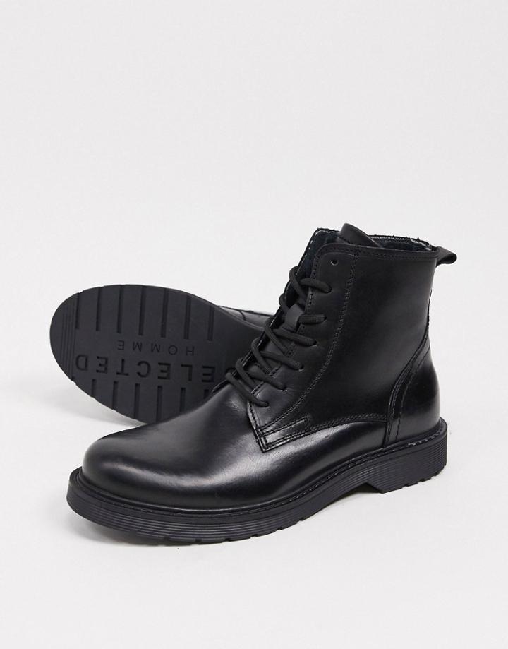 Selected Homme Leather Lace Up Boot In Black