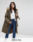 Asos Tall Parka With Lace Up Dip Hem - Green