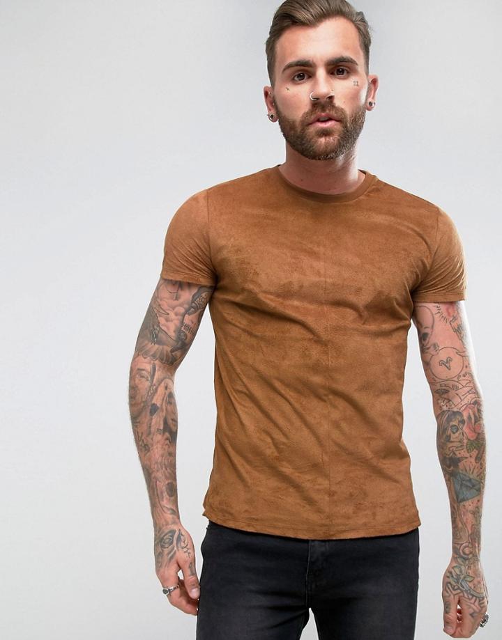 Asos T-shirt In Faux Suede In Tan - Tan