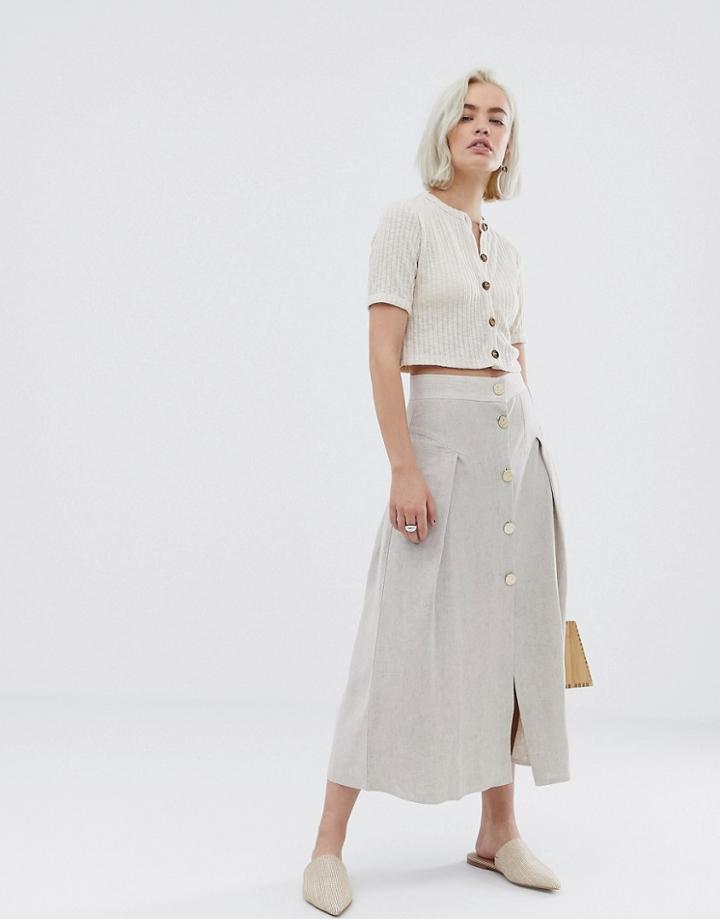 Asos Design Seamed Linen Midi Skirt With Metal Buttons-cream