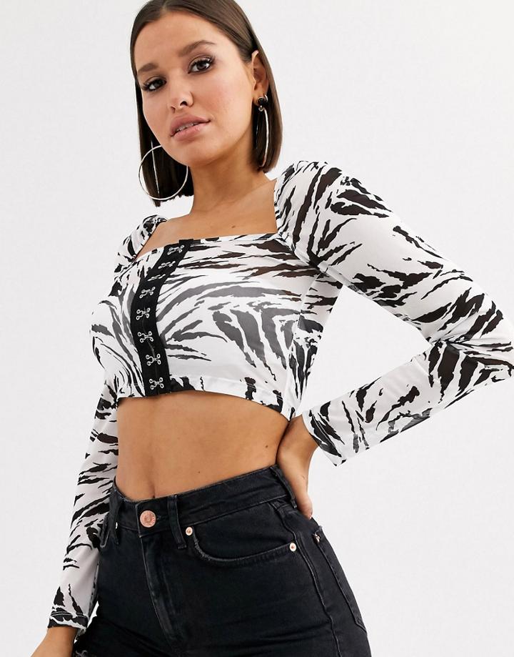 Asos Design Square Neck Crop Top With Hook And Eye Detail In Mono Print