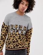 Asos Design Knitted Sweater With Slogan Leopard Design - Multi