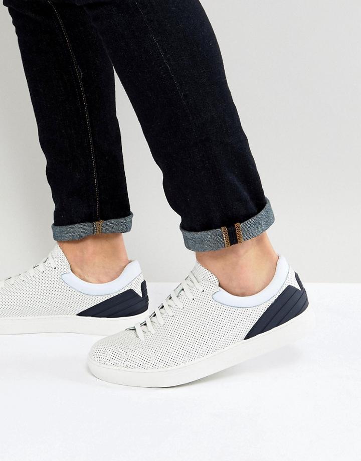 Emporio Armani Leather Micro Punch Sneakers In White - White