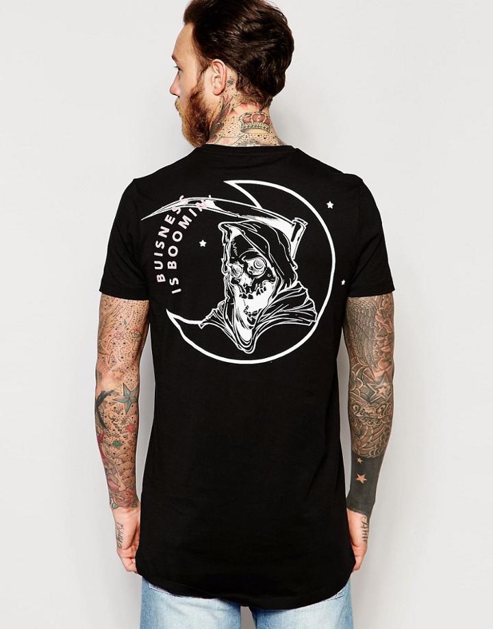 Asos Super Longline T-shirt In Skater Fit With Skull Reaper Print And Curve Back Hem - Black