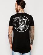 Asos Super Longline T-shirt In Skater Fit With Skull Reaper Print And Curve Back Hem - Black