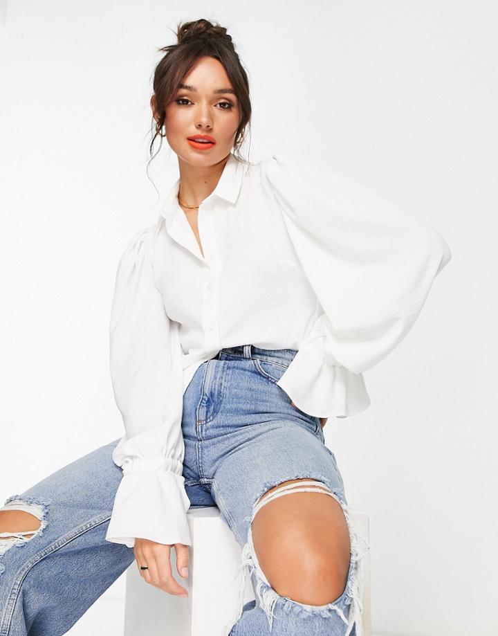 Asos Design Volume Sleeved Soft Shirt With Tie Cuffs In Ivory-white