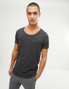 Asos Design Longline T-shirt With Raw Scoop Neck And Curve Hem In Linen Mix In Black - Black