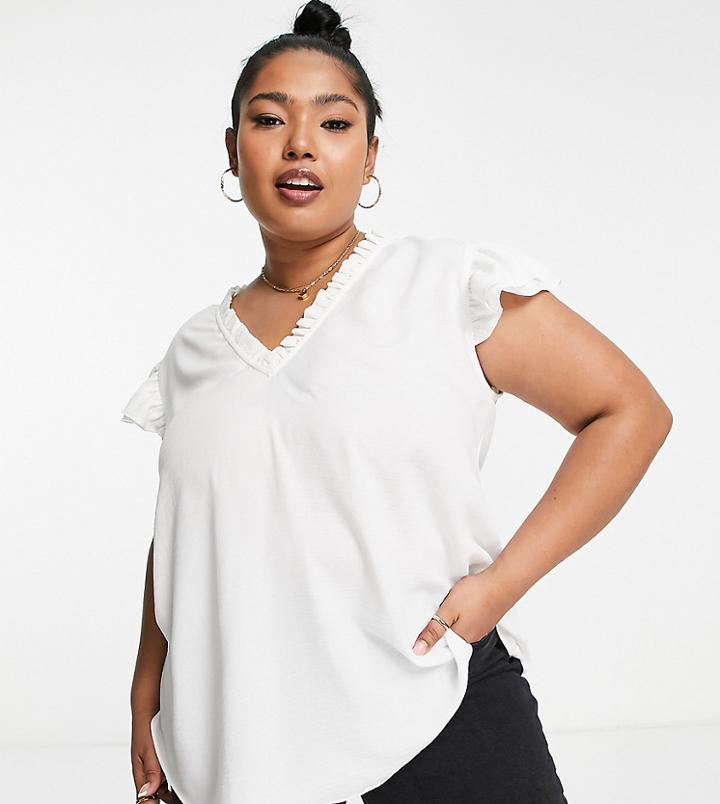 Asos Design Curve V-neck Ruffle Top With Cap Sleeves In White