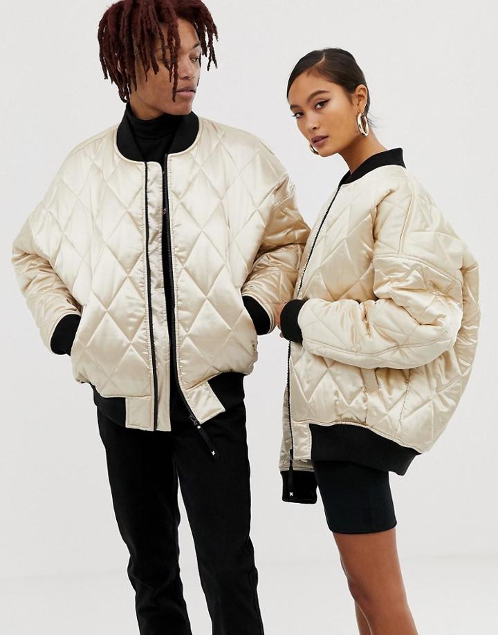 Collusion Unisex Quilted Satin Bomber In Gold - Gold