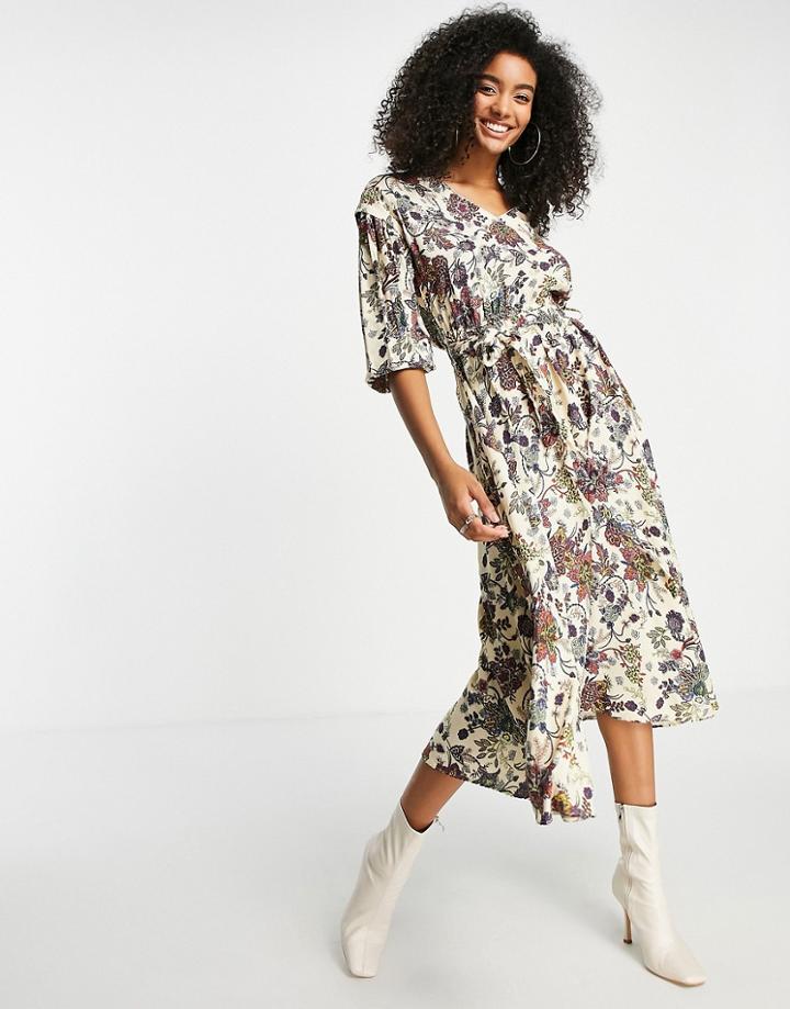 Trendyol Wrap Front Midi Dress In Cream Floral-white