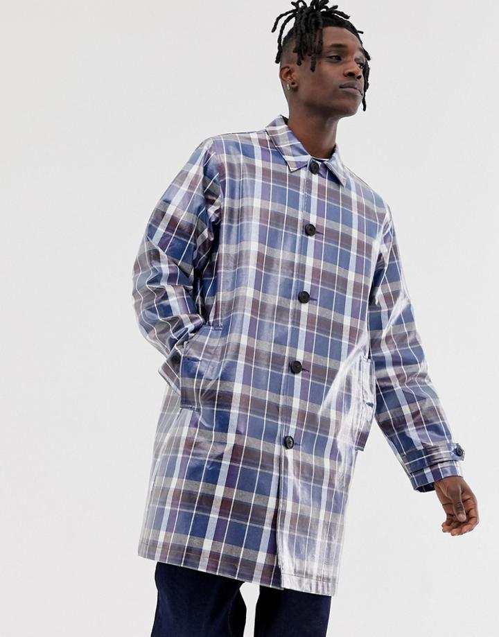 Asos Design High Shine Trench Coat In Navy Check - Navy