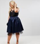 Asos Curve Structured Satin Pep Hem Midi Skirt With Tulle Underlayer - Navy