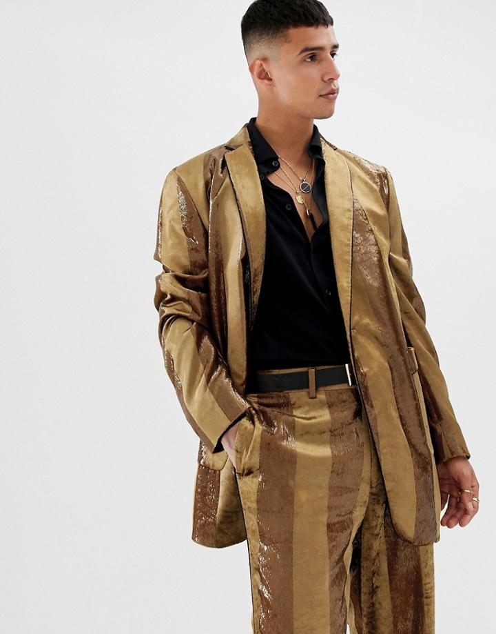 Asos Design Oversized Suit Jacket In Tonal Velvet Mustard Stripe-yellow