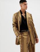 Asos Design Oversized Suit Jacket In Tonal Velvet Mustard Stripe-yellow
