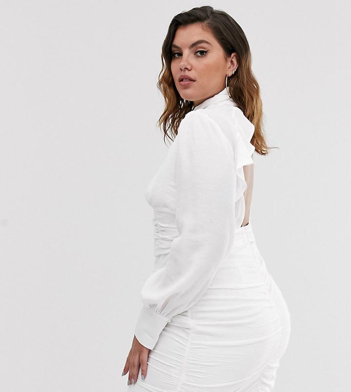 In The Style Plus Puff Sleeve Ruched Mini Dress In White - White