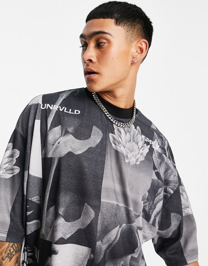 Asos Unrvlld Spply Oversized Heavyweight T-shirt With All Over Graphic Print In Black-grey
