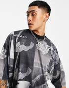Asos Unrvlld Spply Oversized Heavyweight T-shirt With All Over Graphic Print In Black-grey